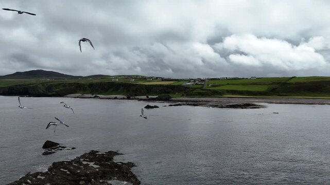 Drone approach towards the rugged coastline near Malin Head Donegal Ireland 4K