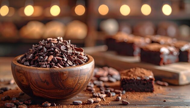 Wooden Bowl Filled With Raw Cacao Nibs Next To Delicious Homemade Dark Chocolate Brownies
