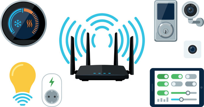 Smart home devices vector illustration set featuring wireless internet router signal, digital thermostat, security camera, tablet automation dashboard interface, and smart plug lightbulb.