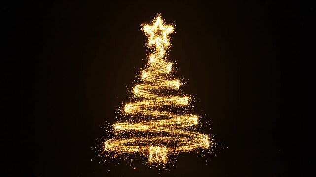 Glowing Golden Christmas Tree Sparkle Animation on Black Background Festive Holiday Light Effect for Luxury Winter Celebration Motion Graphics