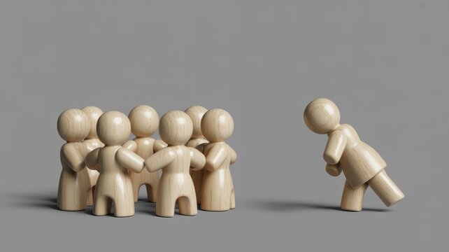 Wooden figurines representing social exclusion and loneliness, wooden people group rejecting a single person, concept of bullying and isolation
