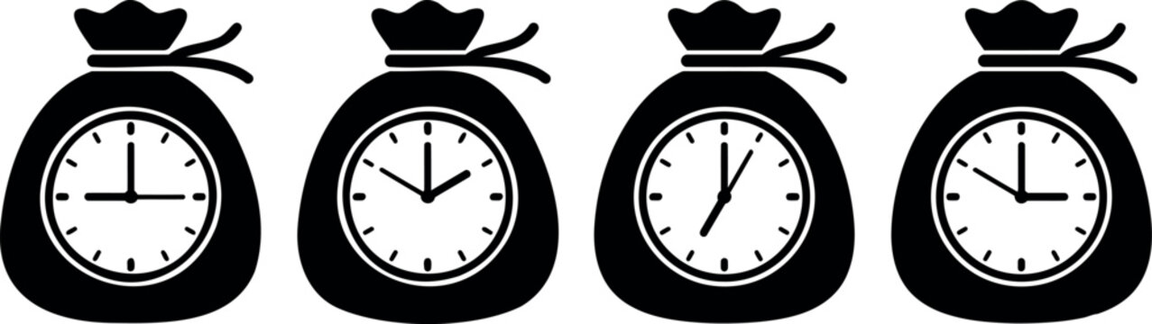 Time is money concept four black clock faced money bags