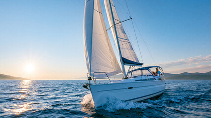 Fototapeta premium Faceless Latino family enjoying fun sailing adventures at sunrise on open water, diverse family sailing concept, lifestyle photography, blurred ocean background , with copy space