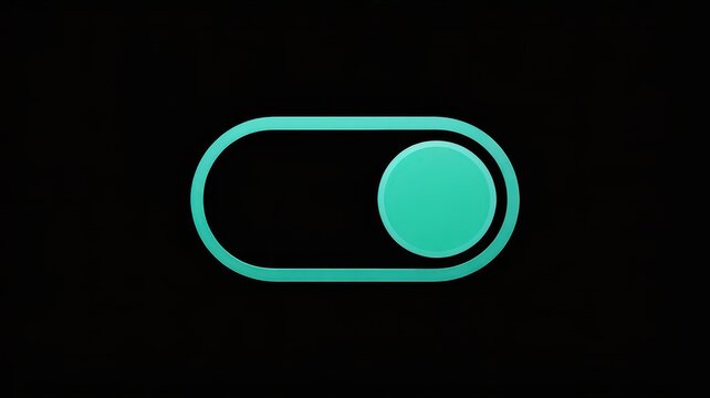 Minimalist toggle switch icon in turquoise on black background, digital interface slider button, glowing neon green power on control element