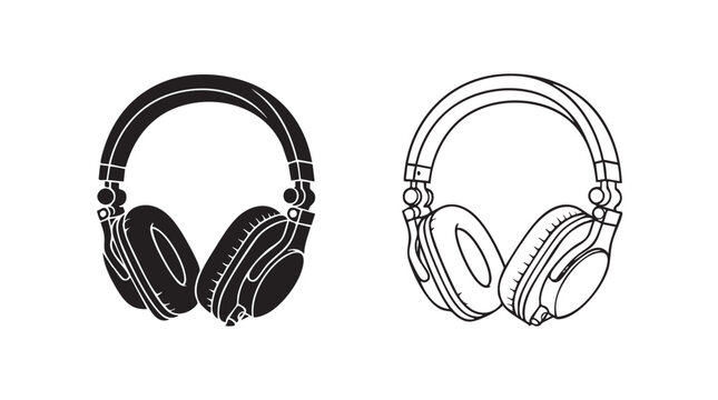 headphones silhouette with line art vector icon silhouette witn line art vector icon