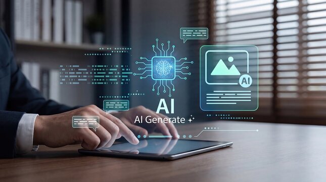 Business professional using tablet with AI generate icon and brain chip graphic symbolizing generative artificial intelligence content creation digital marketing automation inno...