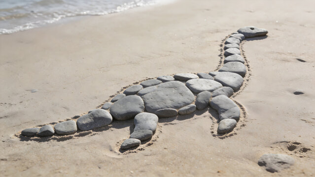 Outline of a plesiosaur made from grey river stones on a sandy beach.