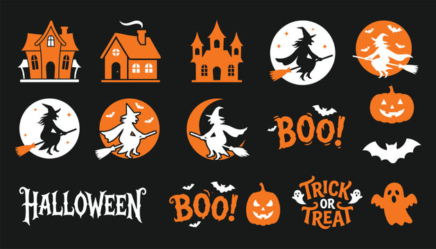 Collection of halloweenthemed icons including houses, pumpkins, bats, and ghosts
