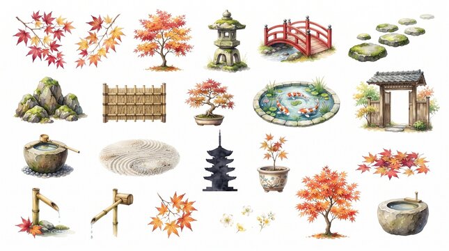 Watercolor Japanese Garden Elements Set with Autumn Maple Trees, Red Bridge, Pagoda, and Zen Stone Lanterns