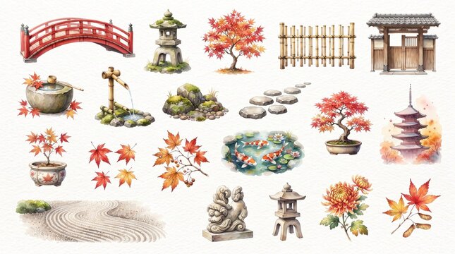 Artistic Watercolor Japanese Garden Elements Set Illustrations Featuring Iconic Red Bridges, Stone Lanterns, Autumn Maples, Tranquil Koi Ponds, and Zen Asian Designs