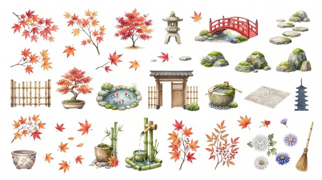 Watercolor Japanese Garden Zen Elements Maple Leaves Bonsai Bridge Torii Gate Pond Stone Lantern Illustrations Isolated