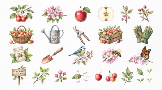 A charming collection of rustic garden elements, including fruits, flowers, tools, and wildlife, perfect for spring and summer themes