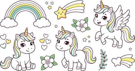 Cute cartoon unicorn vector illustration set featuring magical baby pegasus characters rainbow shooting stars hearts and flowers isolated on white background. © Lili Begum