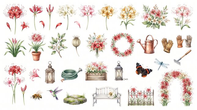 Beautiful botanical collection of watercolor illustrations featuring flowers, garden tools, insects, and outdoor decor elements for artistic creations and summer themes
