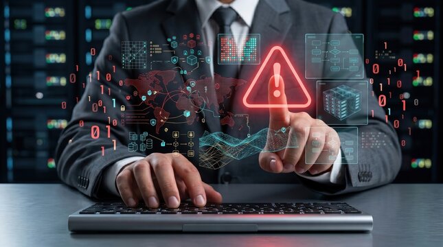 Businessman touching holographic warning sign, cybersecurity threat alert with digital data network background, IT security concept for enterprise protection and risk management...