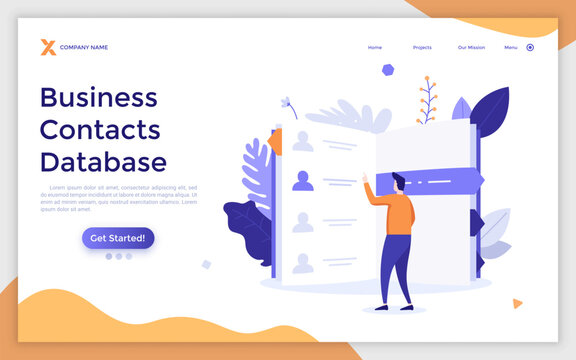 Landing page template with person looking at telephone book or directory. Concept of business contact database with client information or data. Modern flat colorful vector illustration for website.