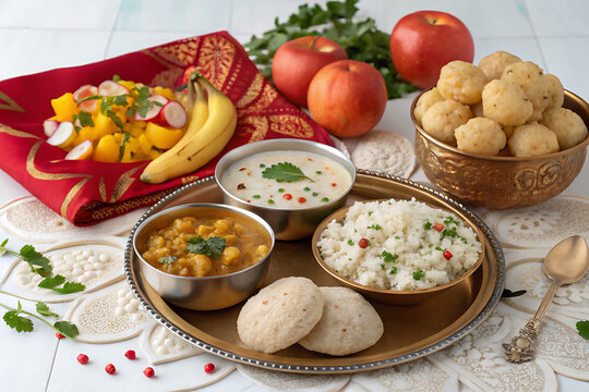 sabudana khichdi, vrat puri, aloo curry, makhana, fruits, clean festive arrangement, traditional Indian table styling