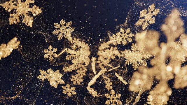 Luxury Golden Snowflakes Glitter Animation on Dark Background Festive Christmas Holiday Winter Motion Graphics for Elegant Seasonal Celebration