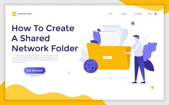 Landing page template with person putting documents in shared folder. Concept of online file exchange system, digital data storage, network workflow. Modern flat vector illustration for webpage.