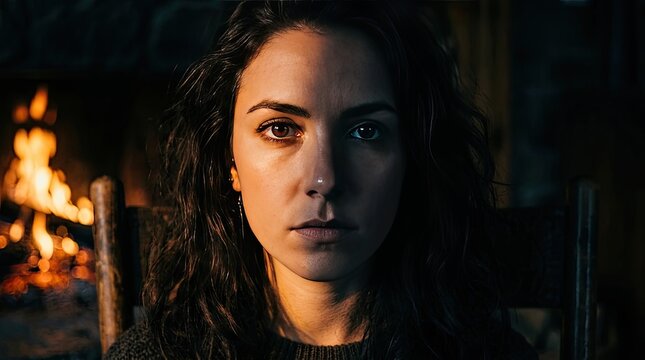 Dramatic portrait of a serious young woman with split lighting by a cozy fireplace.