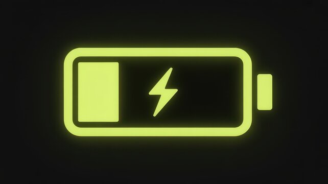 Glowing yellow battery charging icon on black background, digital power level indicator with lightning bolt symbol, energy status display
