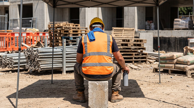Construction worker resting in shade during extreme heat with safety vest, hard hat and water bottle at hot summer worksite