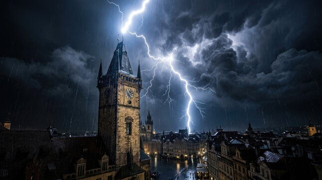 Dramatic Lightning Strike Over Old City Clock Tower at Night During Storm