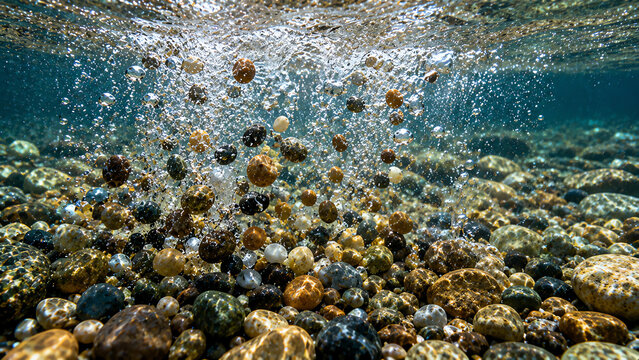 Beautiful Small River Stones Falling into Crystal Clear Freshwater Underwater Background