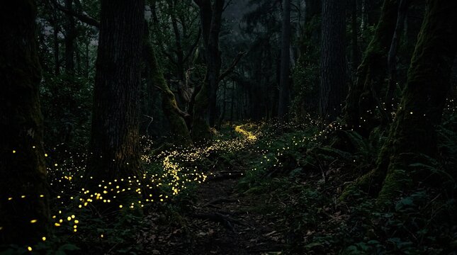 Enchanting trail of glowing fireflies in a deep, mysterious forest at twilight.