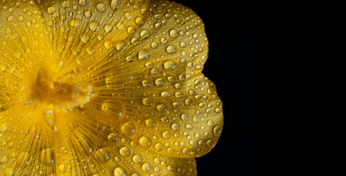 Yellow flower with dew drops on petals, macro detail