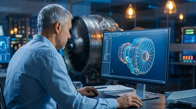 Engineer working on 3d turbine model computer screen for aerospace industry innovation development professional mechanical engineering technical drawing modern workshop setting focused worker.