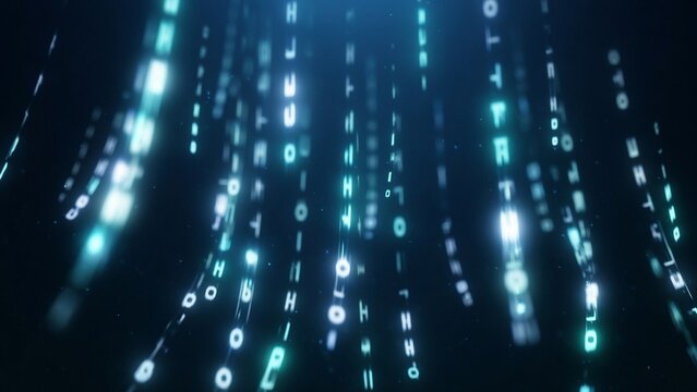Soft blurred binary code rain falling on dark blue quiet tech abstract background