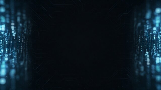 Dark tech banner with soft digital rain on edges large empty center copy space