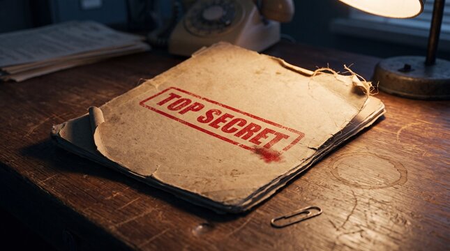 Worn manila file folder stamped Top Secret in red ink on an old wooden desk, warm lamp light and blurred vintage office items in soft focus background representing confidential documents concept