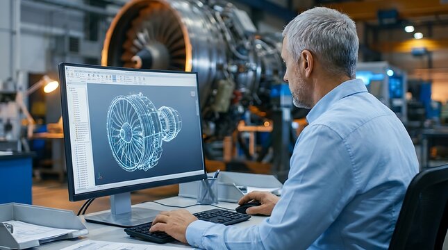 Male engineer concentrating on computer screen displaying turbine blueprint and 3d model for advanced technological innovation in aerospace engineering and development within a factory setting.