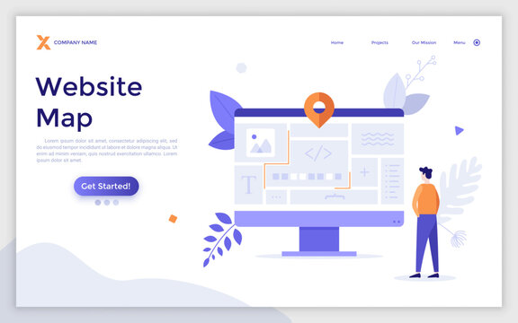 Landing page template with person looking at website layout on computer screen. Concept of site map, webpage structure and navigation, organization of web elements. Modern flat vector illustration.