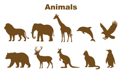 動物シルエットセット｜Wild Animals & Animal Silhouette Collection   Lion, Elephant, Giraffe, Dolphin, Eagle, Bear, Deer, Kangaroo, Cat & Penguin © Aki Creative