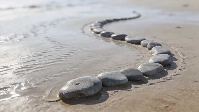 Outline of a plesiosaur made from grey river stones on a sandy beach.