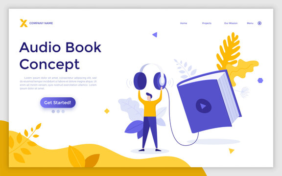 Landing page template with person holding headphones connected to book with play button. Concept of app for listening to digital audiobooks and podcasts, audio literature. Flat vector illustration.
