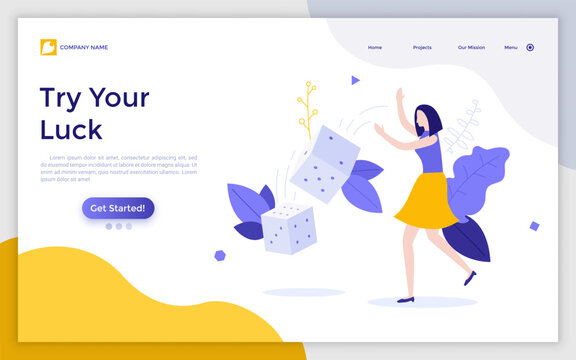 Landing page template with woman rolling dice or playing craps. Concept of gambling, risk and chance, probability and possibility, tabletop or casino game. Modern flat vector illustration for webpage.