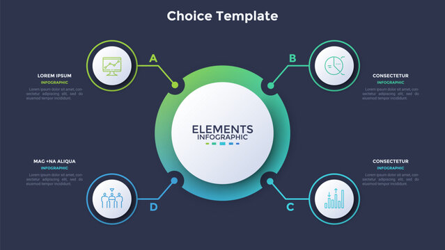 Vector illustration, infographic template with four circular options for business presentation. Modern circular layout for data visualization and process flow. Concept for dashboard and project