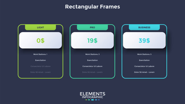 Modern pricing table infographic template with three subscription plans. Vector illustration, comparison dashboard for business service costs. Layout for website landing page and presentation slide.