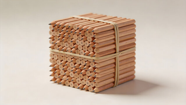Countless identical pencils bound tightly into a solid square column.