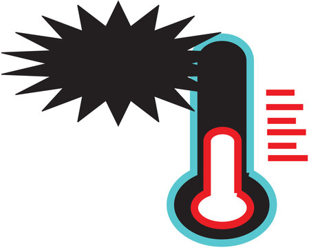 Abstract thermometer icon with exploding starburst, high temperature warning symbol, heat wave and fever concept vector illustration