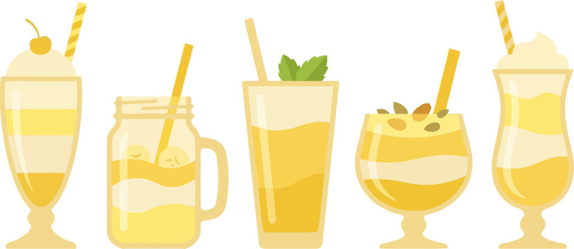 Collection of Yellow Fruit Smoothie and Milkshake Glass Shapes for Refreshing Beverage Menu Design Elements