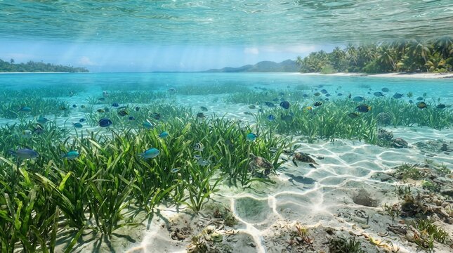 Underwater tropical ocean scene with coral reef and sun rays