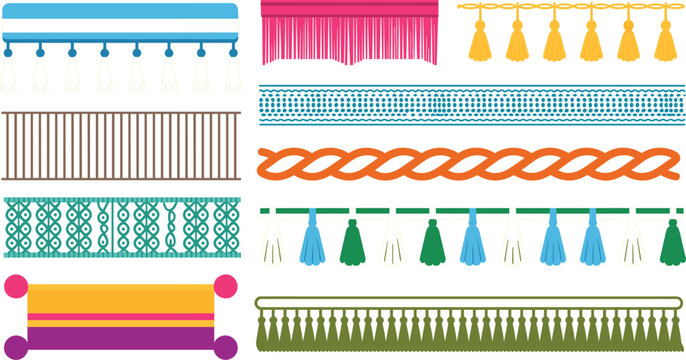 Decorative fringe borders vector bundle featuring diverse seamless trim braid and tassel pattern designs isolated on white background fashion home textile collection