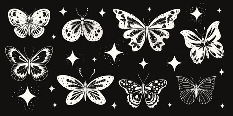 Butterfly illustrations monochrome botanical artwork with sparkling accents © Provhash