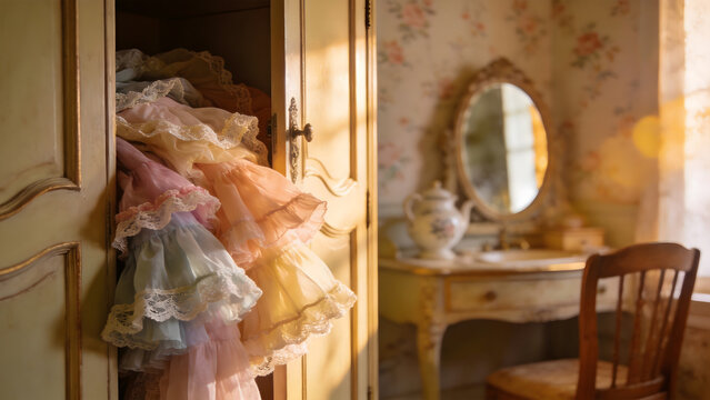 Colorful petticoats spilling from an ajar antique wardrobe door.