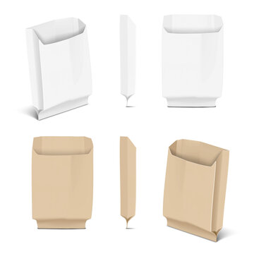 Open paper bag. Half turned, side, front view. White, kraft. Realistic vector mockup set. French fries, takeout fastfood snack holder. Mock-up. Blank pouch to go food package. Template for design